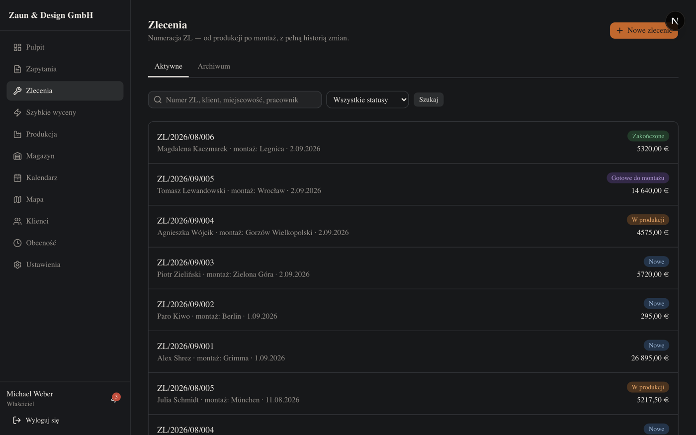 Zlecenia i produkcja — zrzut 1