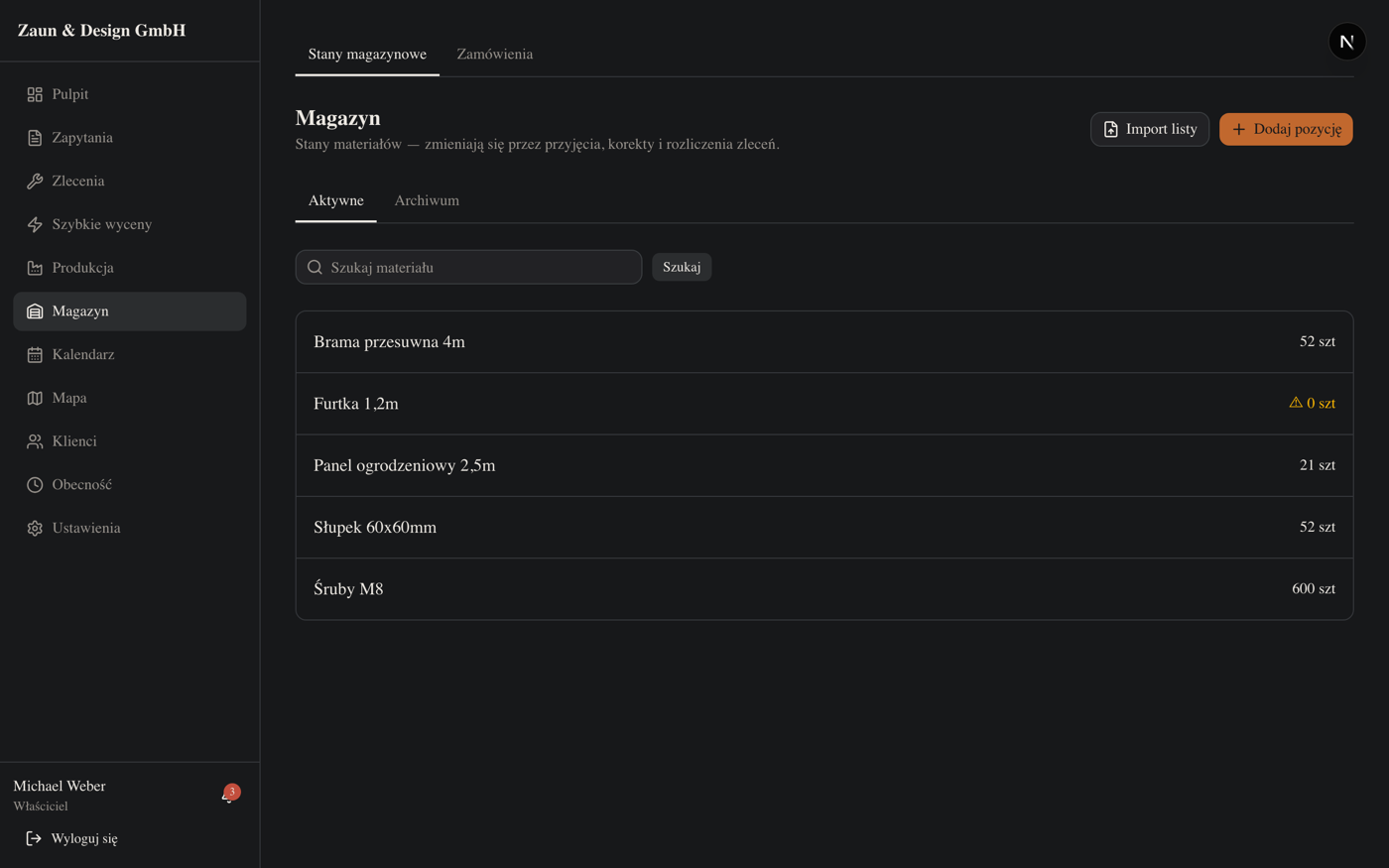 Magazyn i receptury — zrzut 1